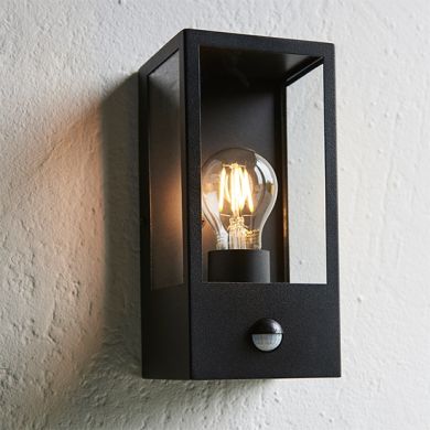 Oxford Clear Bevelled Edge Glass Panels Pir Wall Light In Matt Black