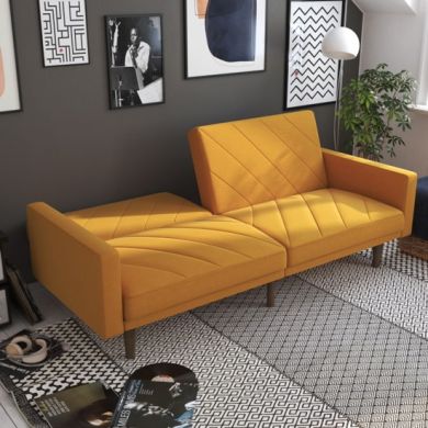 Paxson Linen Fabric Sofa Bed In Mustard With Wooden Feets