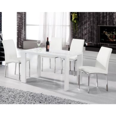 Peru Wooden Dining Table In High Gloss White With 4 Chairs