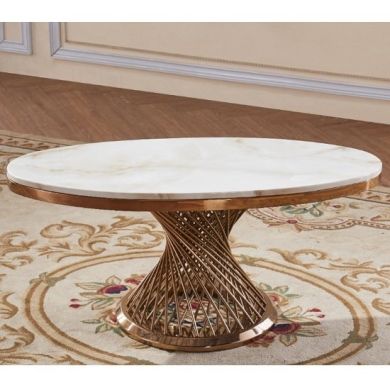 Pescara Oval Marble Coffee Table In White With Rose Gold Base
