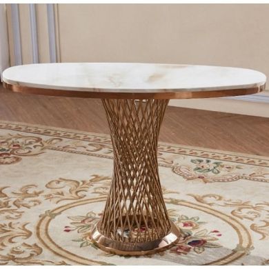 Pescara Oval Marble Console Table In White With Rose Gold Base