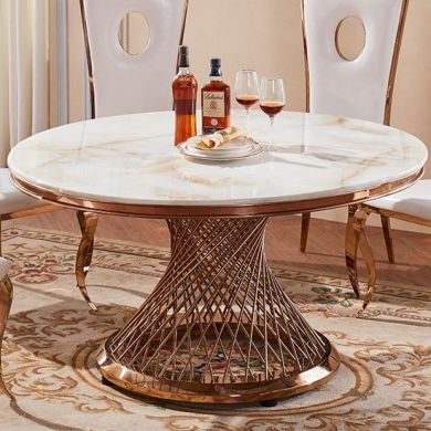 Pescara Round Marble Dining Table In White With Rose Gold Base