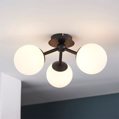 Pulsa 3 Lights White Glass Shades Semi Flush Ceiling Light In Matt Black