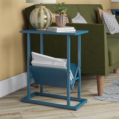 Regal Wooden Side Table In Blue With Magazine Rack