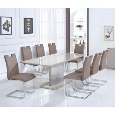 Rembrock Extending Dining Table In High Gloss Champagne With 6 Chairs