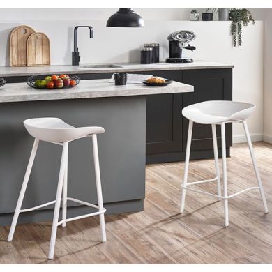 Renzo White Resin Bar Stools With White Metal Frame In Pair