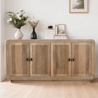 Hudson Carved Mango Wood Large Sideboard With 4 Doors In Natural Oak