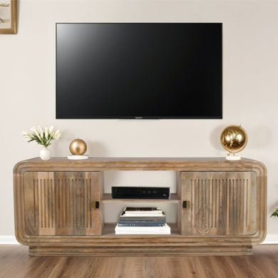 Hudson Carved Mango Wood TV Stand With 2 Doors In Natural Oak