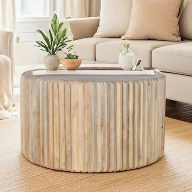 Hudson Carved Mango Wood Round Coffee Table In Natural Oak