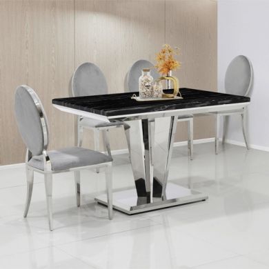 Riccardo 80cm Marble Dining Table In Black With 4 Hampton Grey Chairs