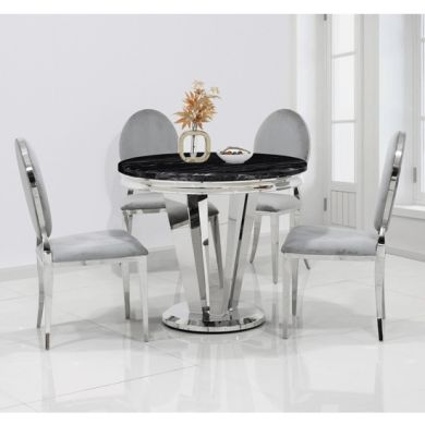 Riccardo 90cm Marble Dining Table In Black With 4 Hampton Grey Chairs