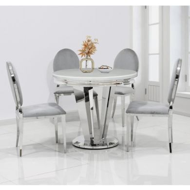 Riccardo 90cm Marble Dining Table In Cream With 4 Hampton Grey Chairs