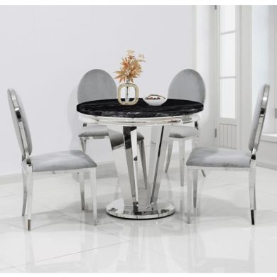 Riccardo Marble Dining Table In Black With 4 Hampton Light Grey Chairs