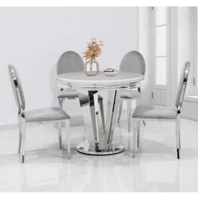 Riccardo Marble Dining Table In Cream With 4 Hampton Light Grey Chairs