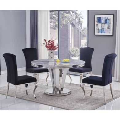 Riccardo Round Grey Marble Dining Table With 4 Liyana Black Chairs
