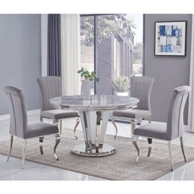 Riccardo Round Grey Marble Dining Table With 6 Liyana Grey Chairs