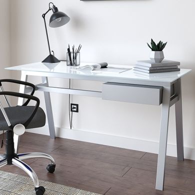 Richmond White Glass Top Computer Desk With White Frame