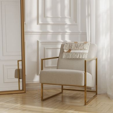 Ritz Tweed Fabric Amrchair in Beige With Gold Metal Frame