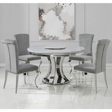 Romano 130cm Marble Dining Table In White With 4 Liyana Grey Chairs