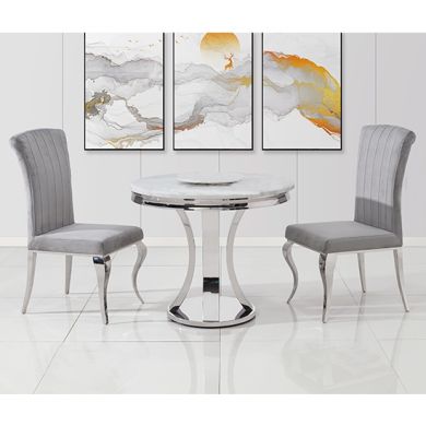 Romano 90cm Marble Dining Table In White With 2 Liyana Grey Chairs