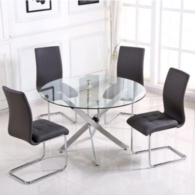 Samurai Large Clear Glass Dining Set With 4 Grey PU Chairs