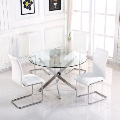 Samurai Large Clear Glass Dining Set With 4 White PU Chairs