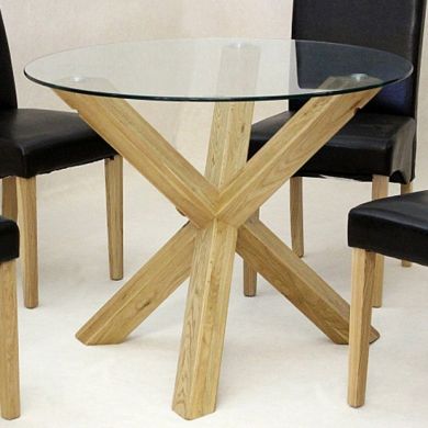 Saturn Medium Round Glass Dining Table With Oak Wooden Legs