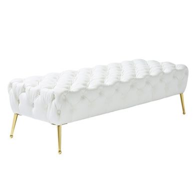 Savannah Velvet Upholstered Seating Bench In White With Gold Legs