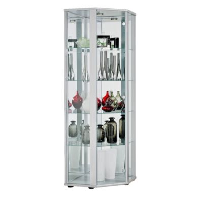 Selby 1 Door Corner Display Cabinet In Silver With 5 Shelves