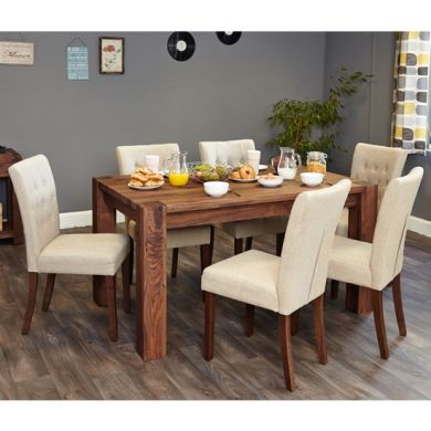 Shiro Extending Wooden Dining Table In Walnut With 6 Vrux Biscuit Chairs