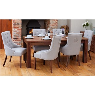 Shiro Extending Wooden Dining Table In Walnut With 6 Vrux Grey Armchairs