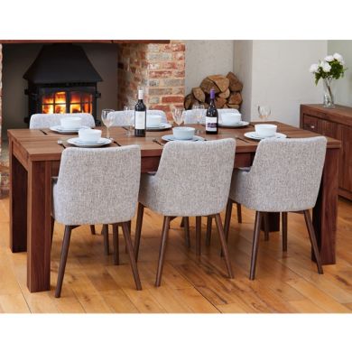Shiro Extending Wooden Dining Table In Walnut With 6 Vrux Light Grey chairs