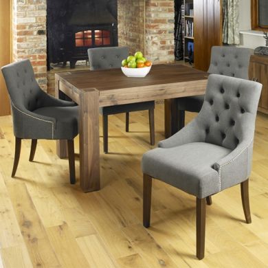 Shiro Extending Wooden Dining Table In Walnut With 6 Vrux Slate Armchairs