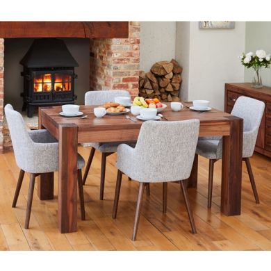 Shiro Medium Wooden Dining Table In Walnut With 4 Vrux Light Grey chairs