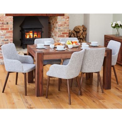 Shiro Medium Wooden Dining Table In Walnut With 6 Vrux Light Grey chairs
