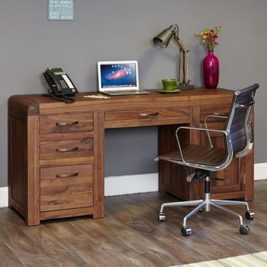 Shiro Wooden Twin Pedestal Computer Desk In Walnut