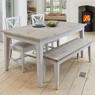Signature Extending Wooden Dining Table In Grey With 1 Bench And 2 Chairs