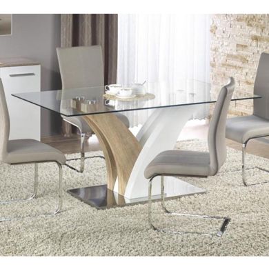 Simone Glass Dining Table With White High Gloss And Natural Base