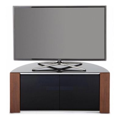 Sirius Corner TV Stand In Black High Gloss And Oak Walnut With Push Release Doors