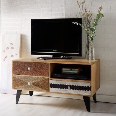 Sorio Small Wooden 3 Drawers TV Stand In Reclaimed Wood