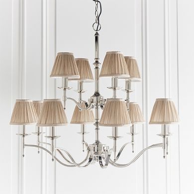 Stanford 12 Lights Beige Shades Ceiling Pendant Light In Polished Nickel