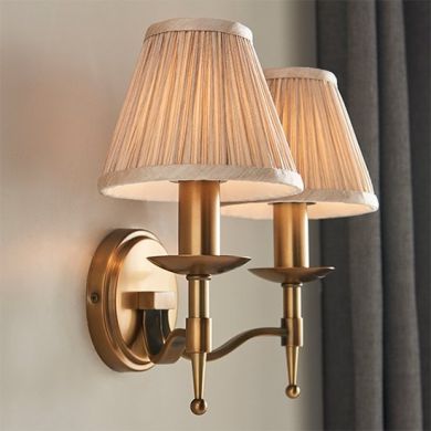 Stanford Twin Beige Shade Wall Light In Antique Brass