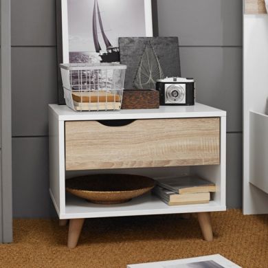 Stockholm Wooden Bedside Table In Oak And White With 1 Drawer