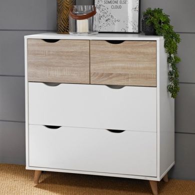 Stockholm Wooden Chest Of Drawers In Oak And White With 4 Drawers