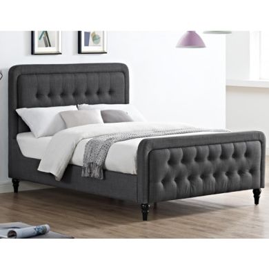 Tahiti Linen Fabric Double Bed In Grey With Black Wooden Legs