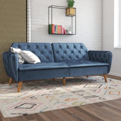 Tallulah Velvet Sofa Bed In Blue With Oak Wooden Legs