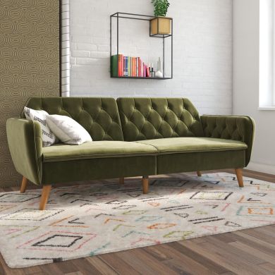 Tallulah Velvet Sofa Bed In Green With Oak Wooden Legs