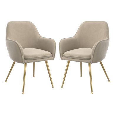 Tara Light Fawn Velvet Fabric Dining Chairs With Gold Legs In Pair