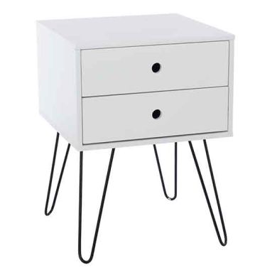 Telford Wooden 2 Drawers Bedside Cabinet In White With Black Metal Legs