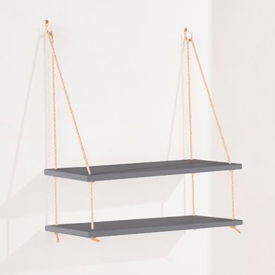 Thames Wooden Rope Wall Double Shelf In Grey